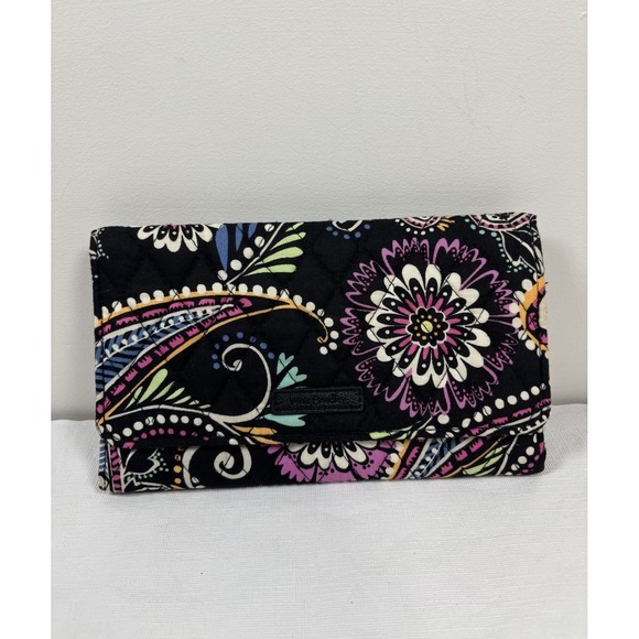 Vera Bradley Handbags - Vera Bradley Trifold Wallet Clutch Black Paisley Floral Print Wristlet Quilted